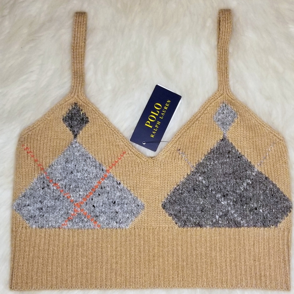 POLO RALPH LAUREN Argyle Knit Cashmere Wool Crop Ekose Camel Brown Top - Picture 6 of 11